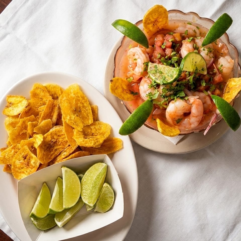 Shrimp ceviche with plantain chips and lime wedges on a white napkin over a wooden table.