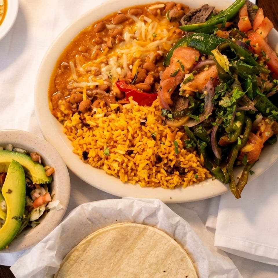 Mexican dish with rice, beans, steak, vegetables, avocado salad, tortillas, and salsa.