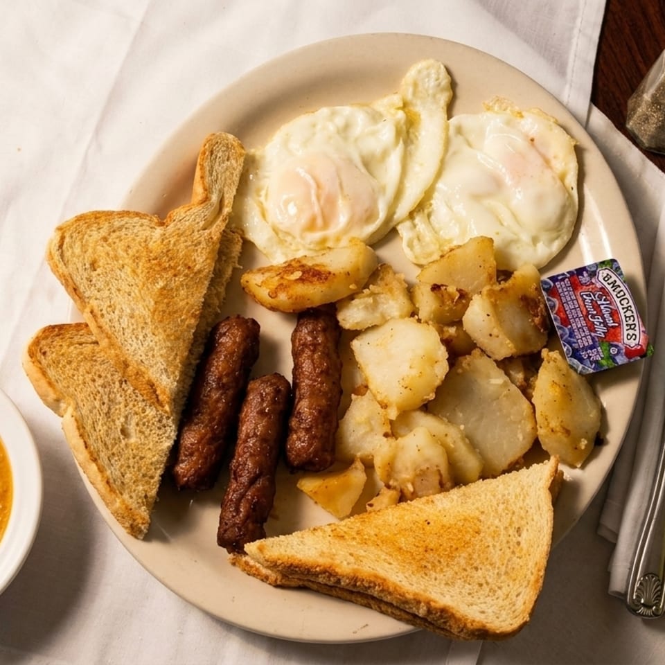 Full breakfast plate with fried eggs, sausage, home fries, toast, and a side of grits.