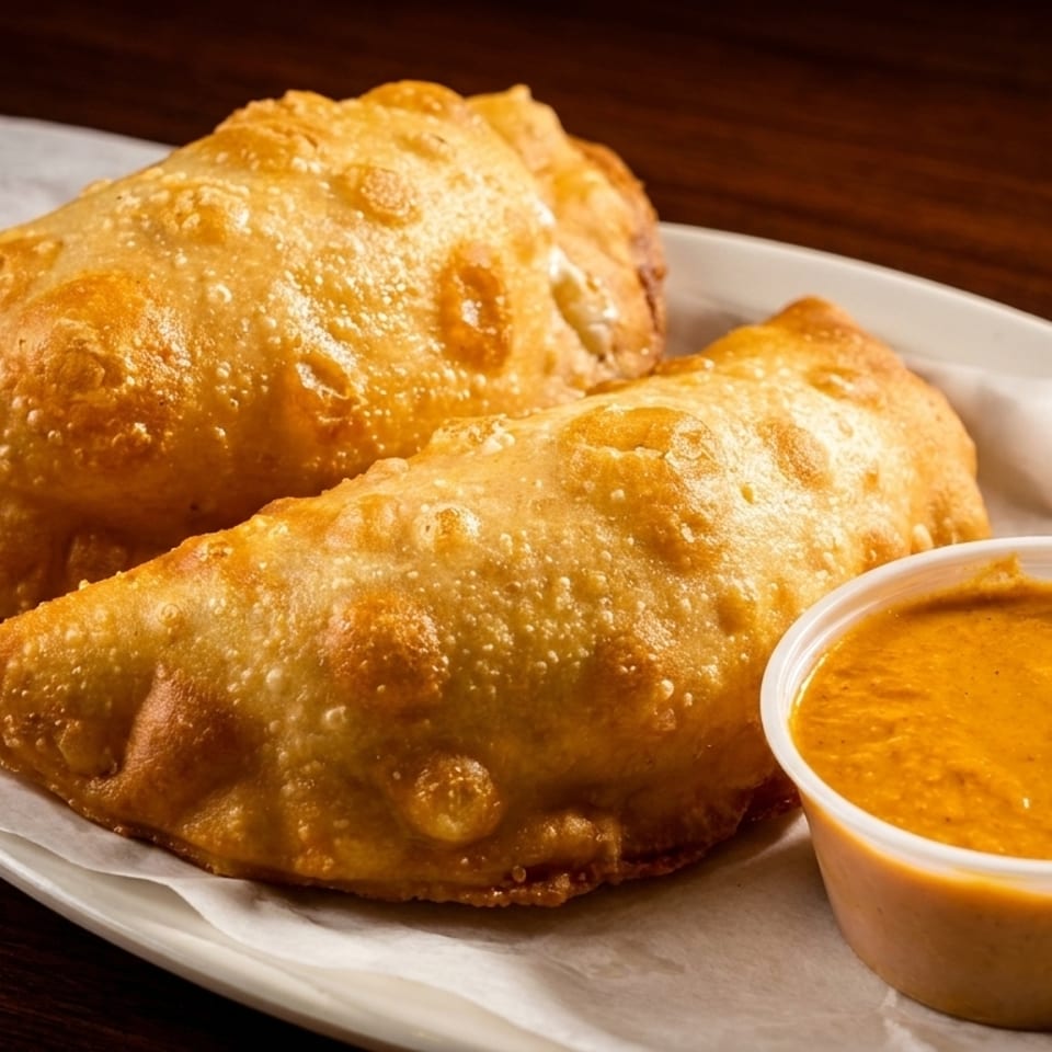 Two golden-brown fried empanadas on white parchment paper with a side of orange dipping sauce.
