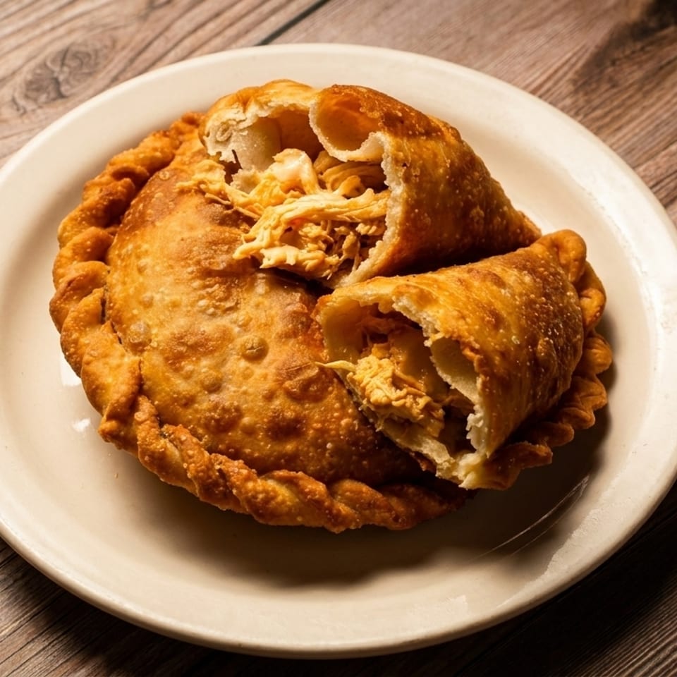 Two golden-brown empanadas, one split open to reveal a savory chicken filling, on a white plate.