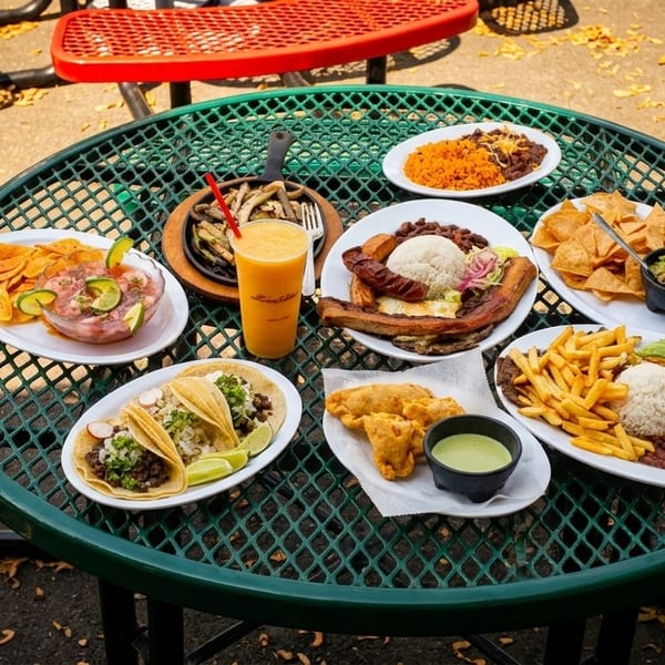 A green outdoor mesh table laden with various Latin American dishes and a mango smoothie.