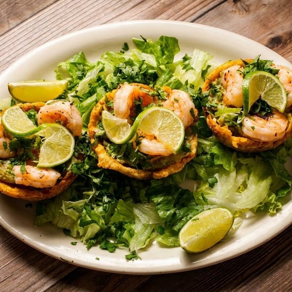 Three shrimp and avocado tostadas with lime wedges on a bed of lettuce, on a white plate.
