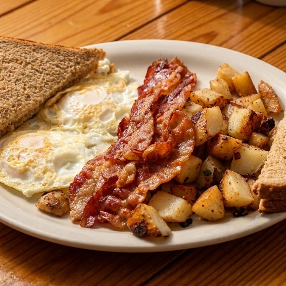 A breakfast plate with crispy bacon, fried eggs, home fries, and two slices of wheat toast.