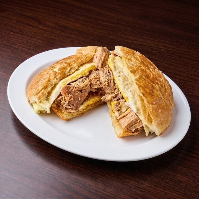 Pork, Cheese and Egg on Hard Roll Sandwich.